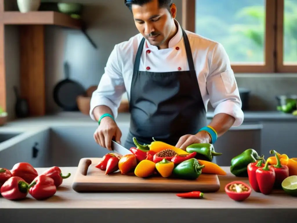 Un chef peruano cortando rocotos rojos en una cocina tradicional