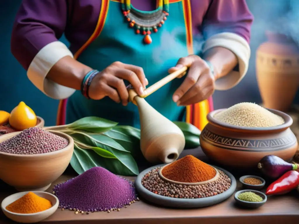 Un chef peruano toca el antara rodeado de ingredientes coloridos en una cocina tradicional