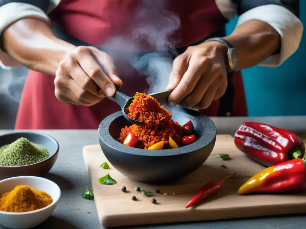 Un chef peruano muele Ají rojo en un molcajete, resaltando la tradición de Recetas ancestrales con Ají en Perú