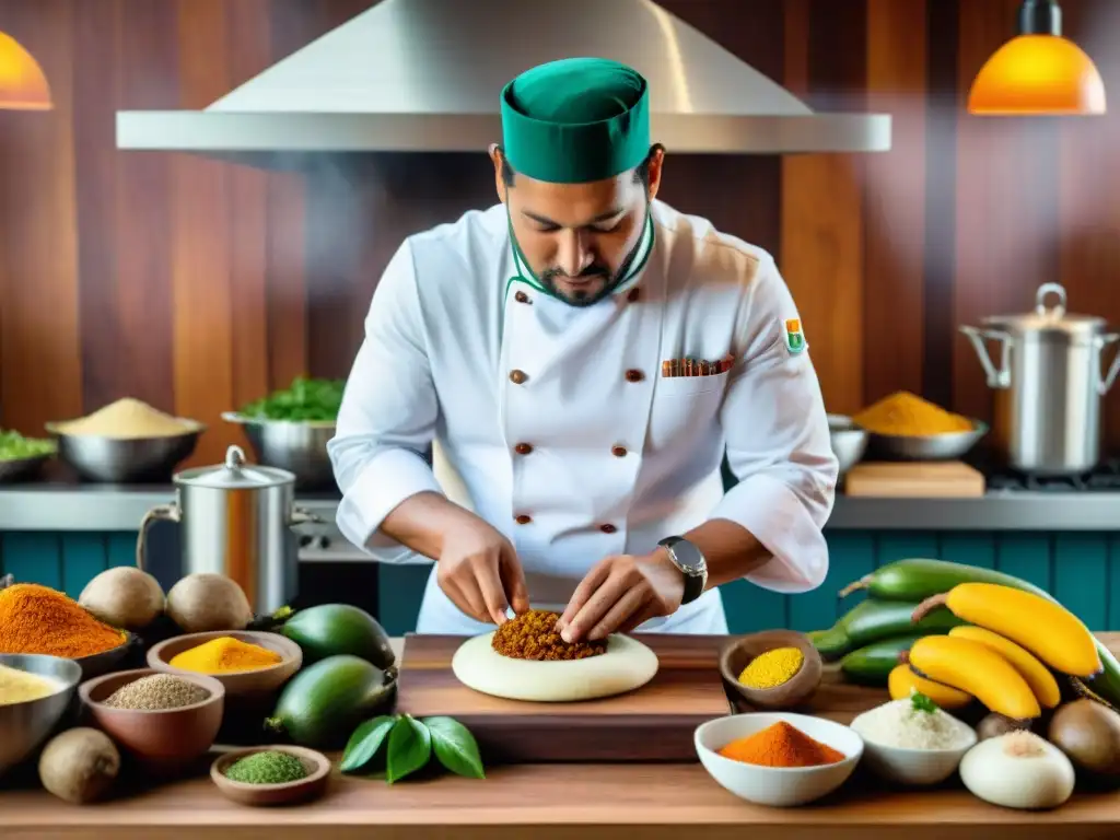 Un chef peruano fusionando sabores africanos con ingredientes peruanos en una cocina profesional