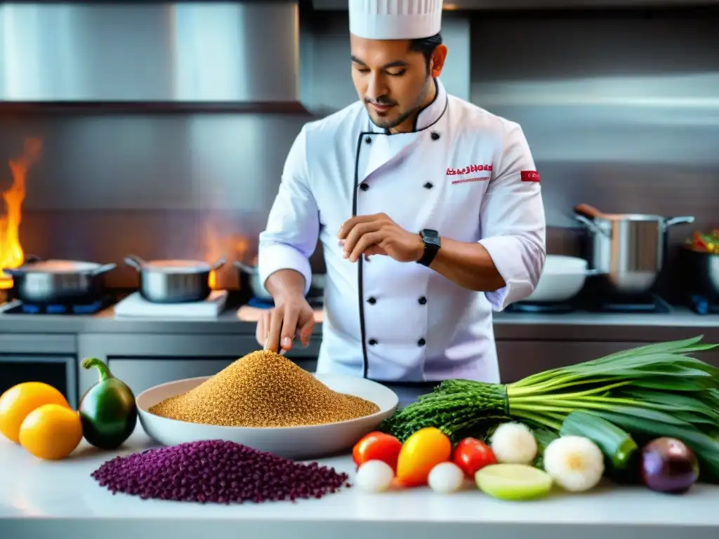 Chef peruano fusionando sabores autóctonos con técnicas modernas en una cocina innovadora