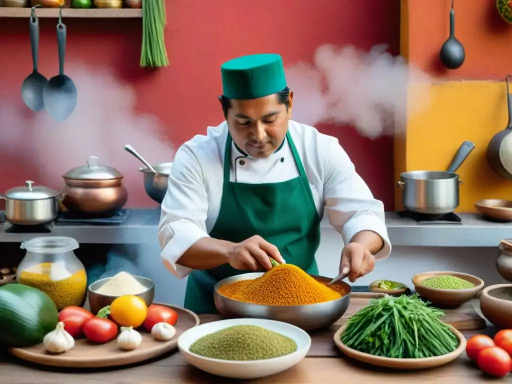 Un chef peruano preparando sabores autóctonos en cocina tradicional llena de ingredientes vibrantes