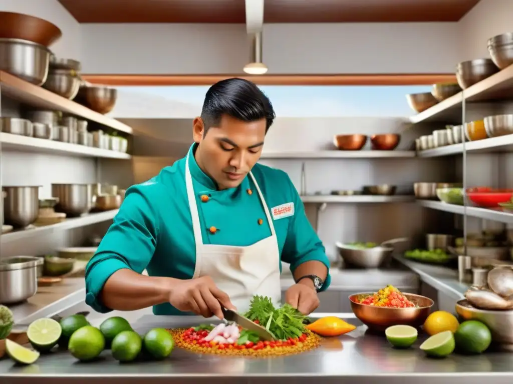 Chef peruano redefiniendo sabores con ceviche tradicional en cocina vibrante