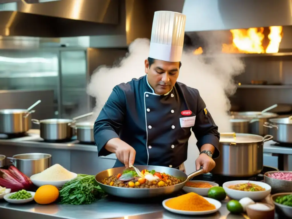 Un chef peruano redefiniendo sabores en una cocina vibrante llena de ingredientes únicos