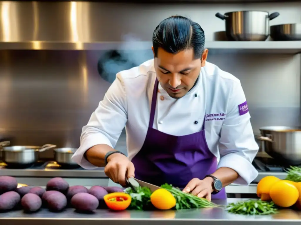 Un chef peruano redefiniendo sabores en una cocina moderna con ingredientes vibrantes