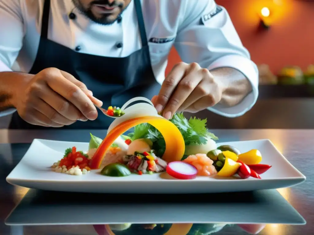 Un chef peruano fusionando sabores tradicionales con técnicas modernas de emplatado en ceviche