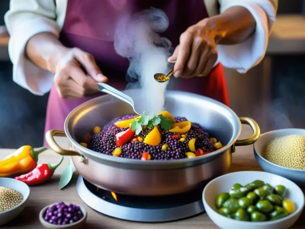 Chef peruano preparando sabores únicos de alta altitud con destreza en cocina rústica