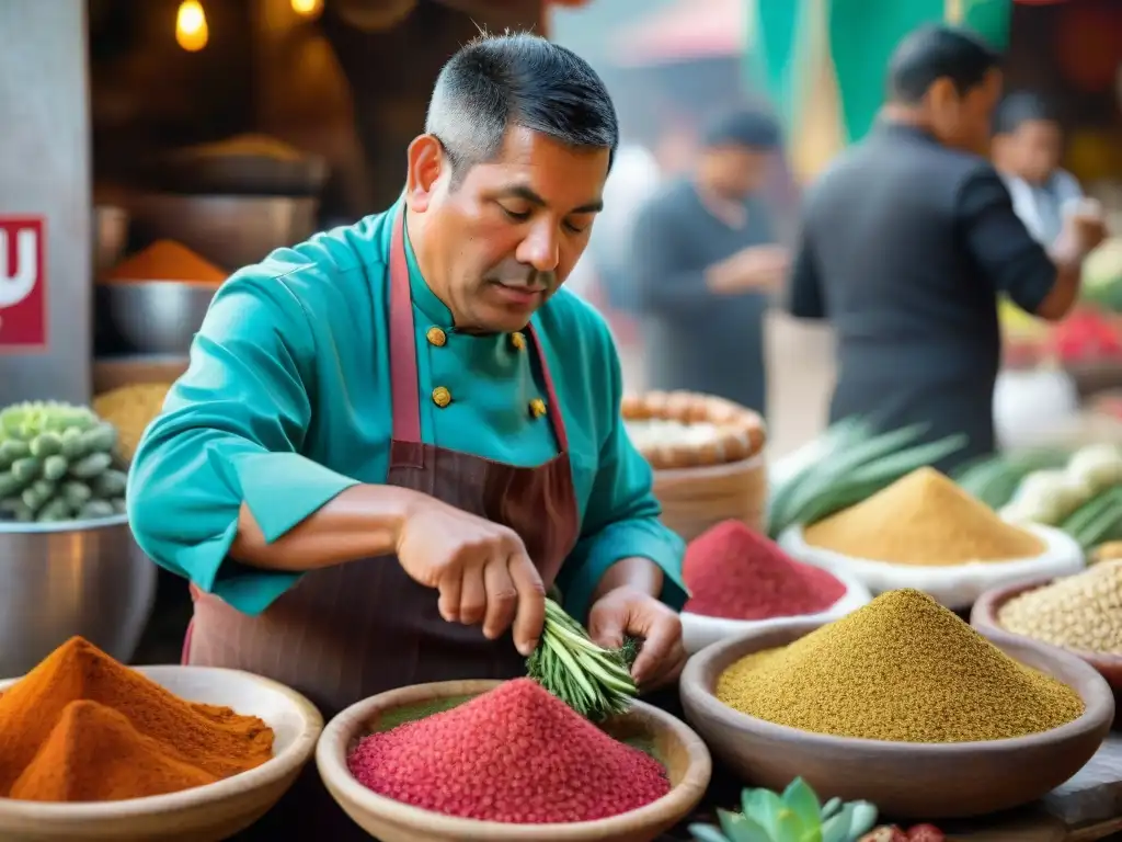 Un chef peruano sazona un sabroso cabrito en un mercado local, mostrando la gastronomía peruana con autenticidad