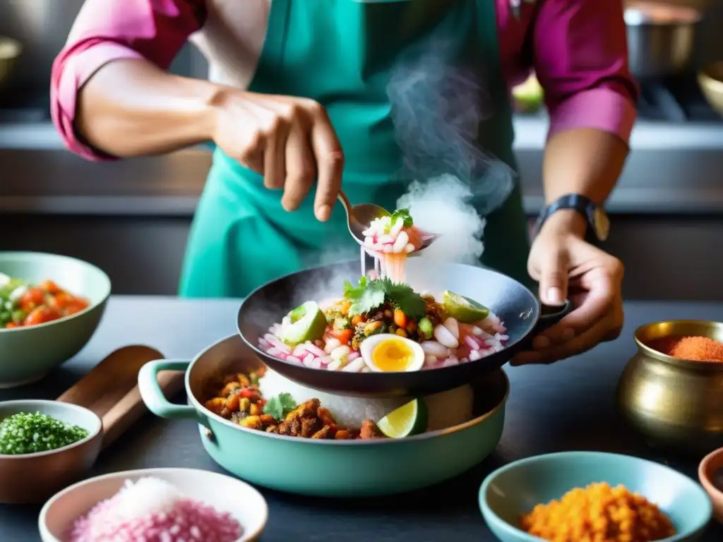 Un chef peruano incorpora Sal de Maras en platos auténticos, en una cocina bulliciosa y llena de color