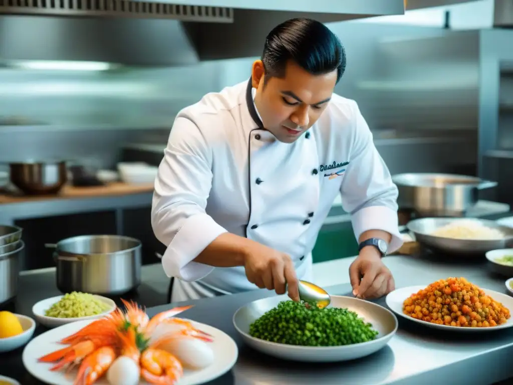 Un chef peruano preparando con maestría un salpicón de mariscos frescos en una cocina profesional