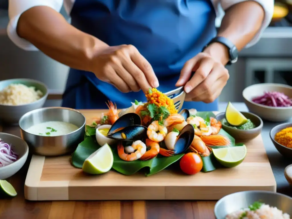 Un chef peruano prepara un Salpicón de Mariscos con ingredientes frescos en una cocina tradicional