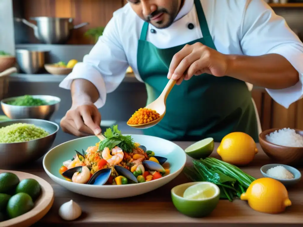 Un chef peruano prepara un salpicón de mariscos frescos, mostrando la técnica tradicional