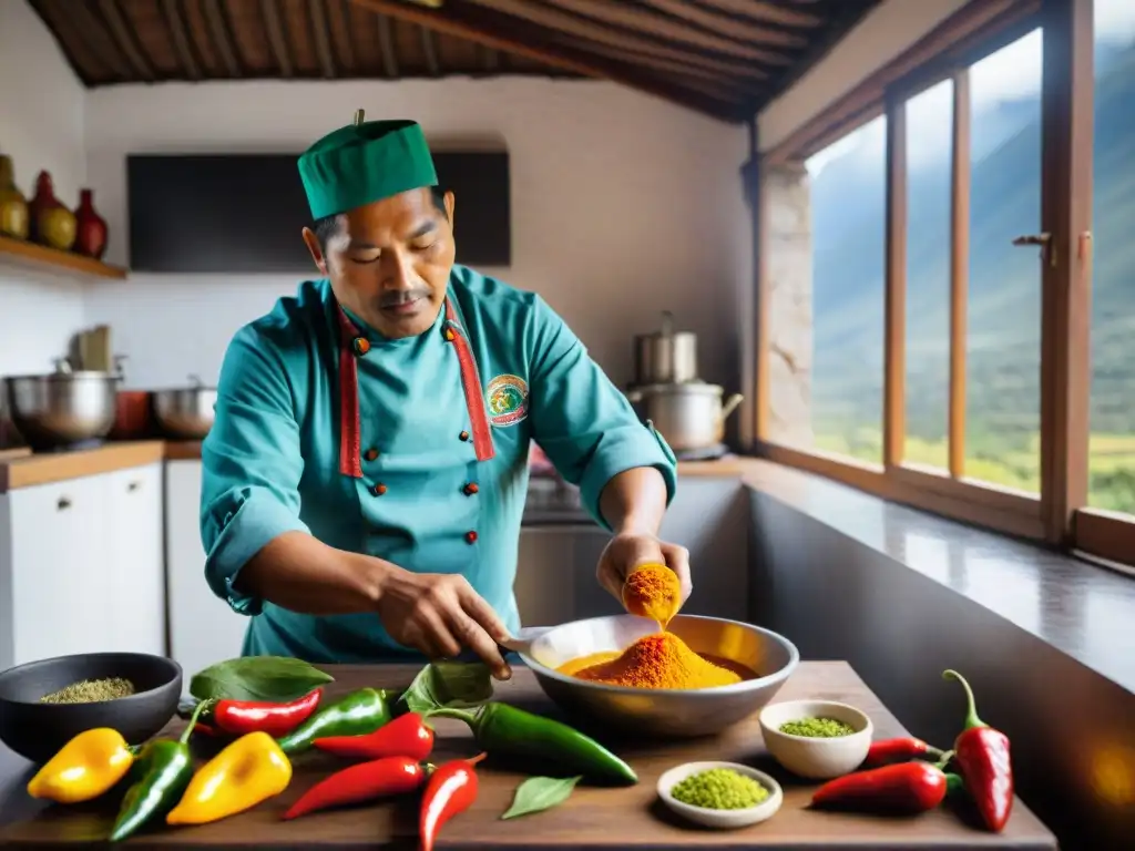 Un chef peruano preparando salsa de ají amarillo en una cocina andina