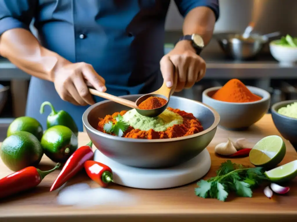 Un chef peruano preparando salsa en cocina bulliciosa, ingredientes frescos y coloridos