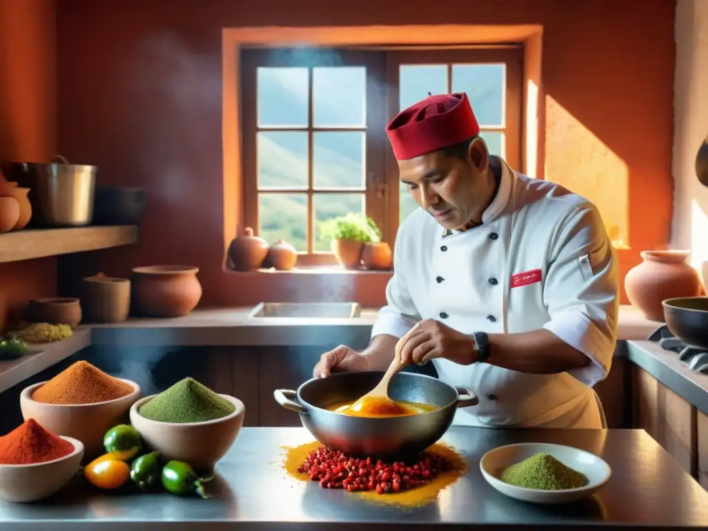 Un chef peruano prepara salsa de ají mirasol en una cocina rústica