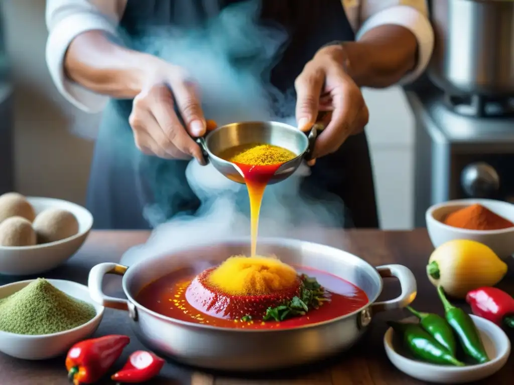 Un chef peruano prepara salsa de ají mirasol en una cocina colorida