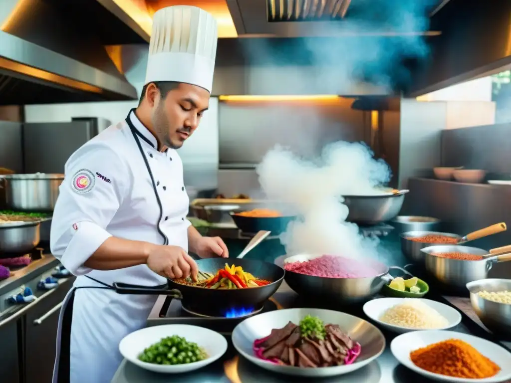 Chef peruano preparando Lomo Saltado en cocina colorida