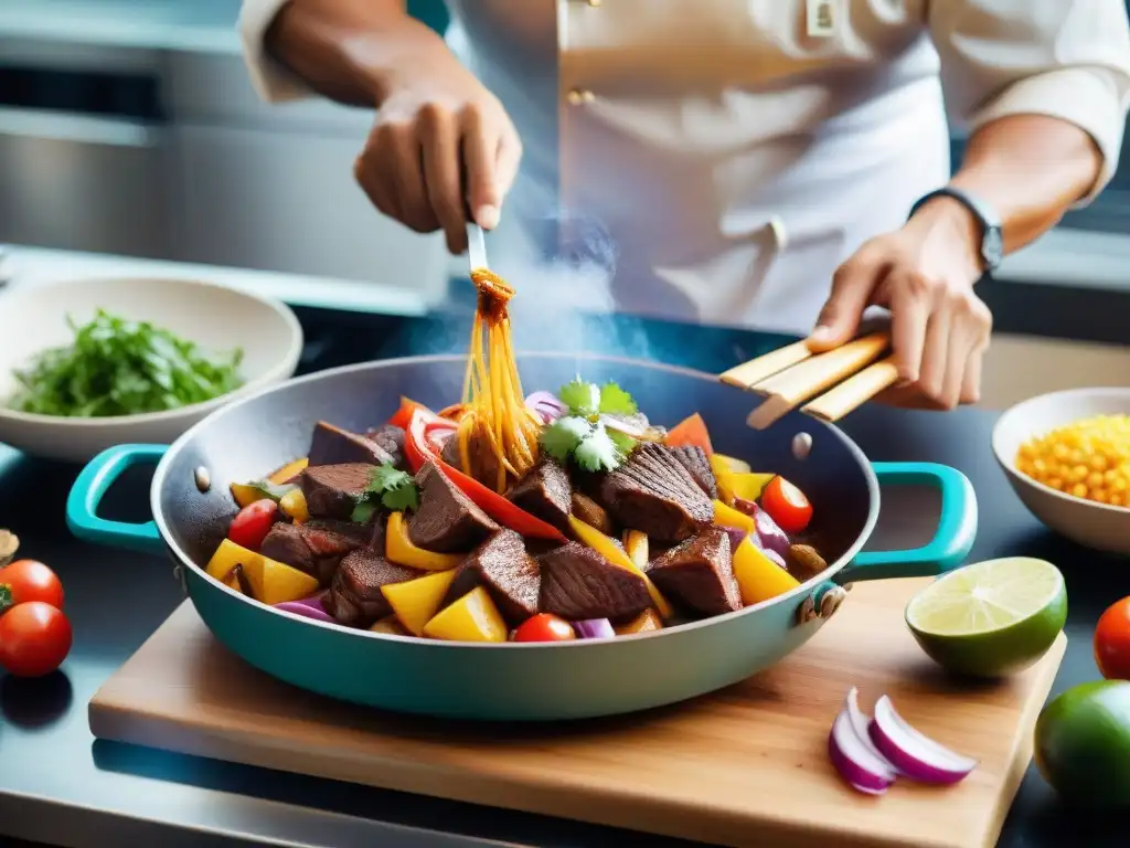 Un chef peruano preparando lomo saltado con destreza en una cocina vibrante