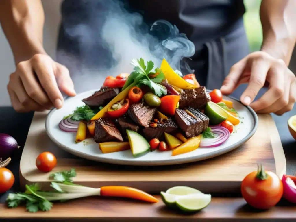 Un chef peruano preparando Lomo Saltado en una piedra caliente, capturando la esencia de la cocina tradicional