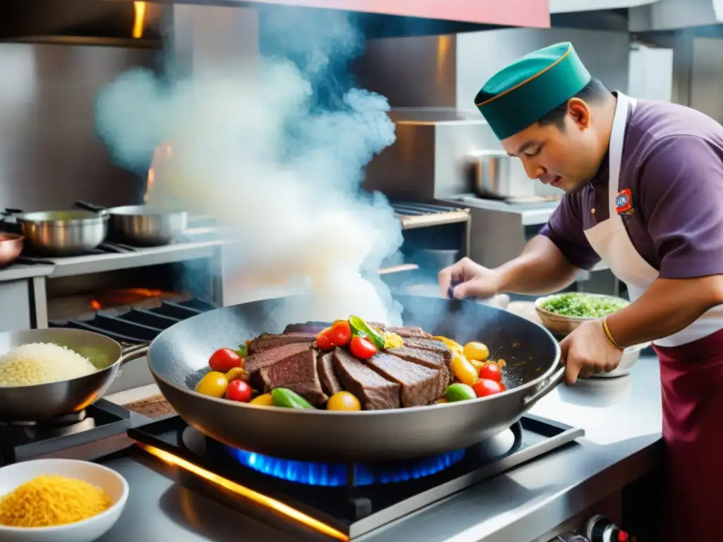 Un chef peruano prepara Lomo Saltado en un wok, fusionando la gastronomía peruana con influencias chinas