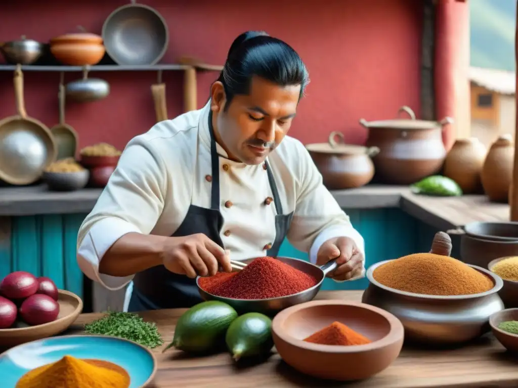 Un chef peruano preparando Sangrecita en una cocina rústica, resaltando colores y texturas