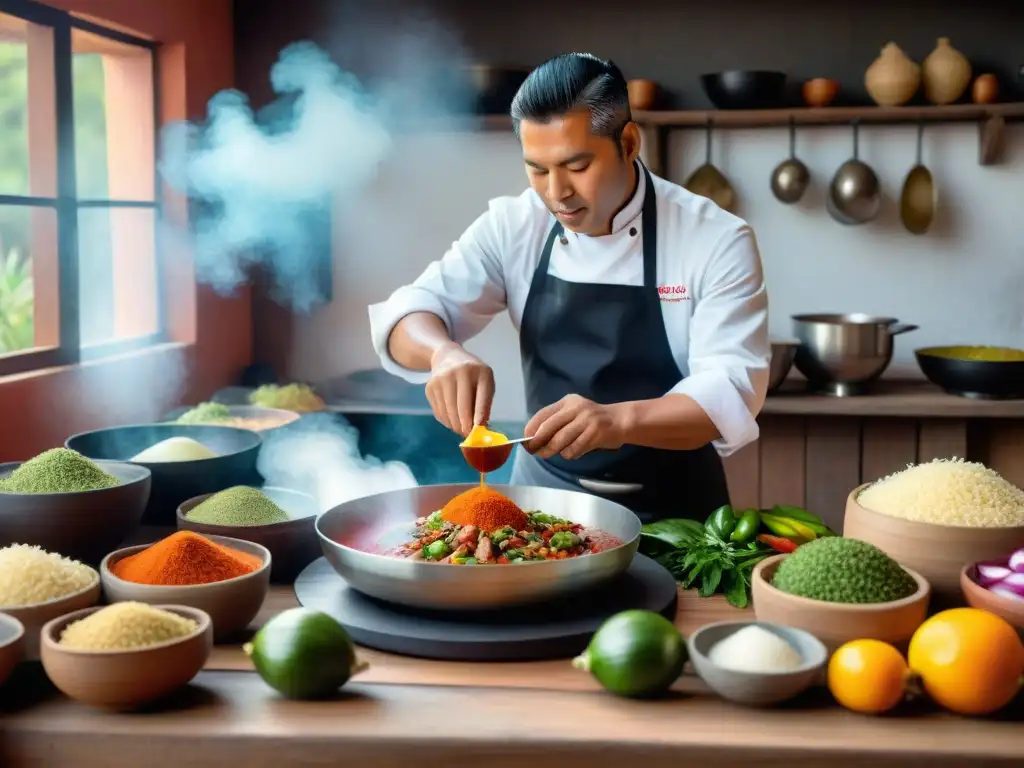 Un chef peruano preparando Sangrecita en una cocina tradicional, rodeado de ingredientes frescos