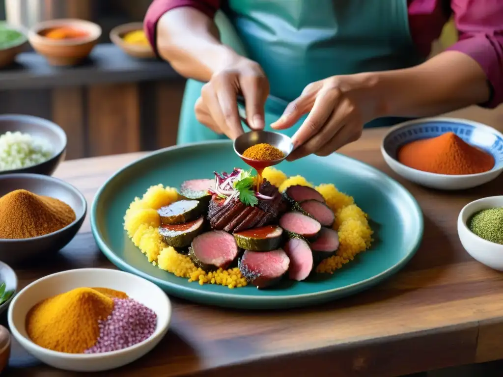 Un chef peruano preparando Sangrecita con maestría, resaltando colores vibrantes y especias tradicionales en una cocina bulliciosa