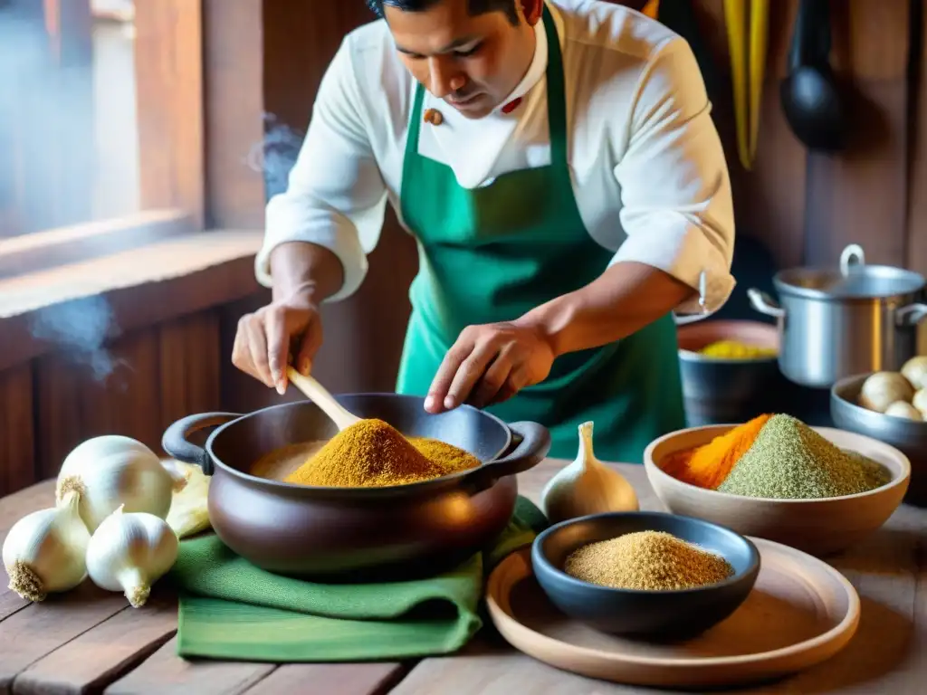 Un chef peruano prepara Sarza de Patitas con maestría en una cocina tradicional andina