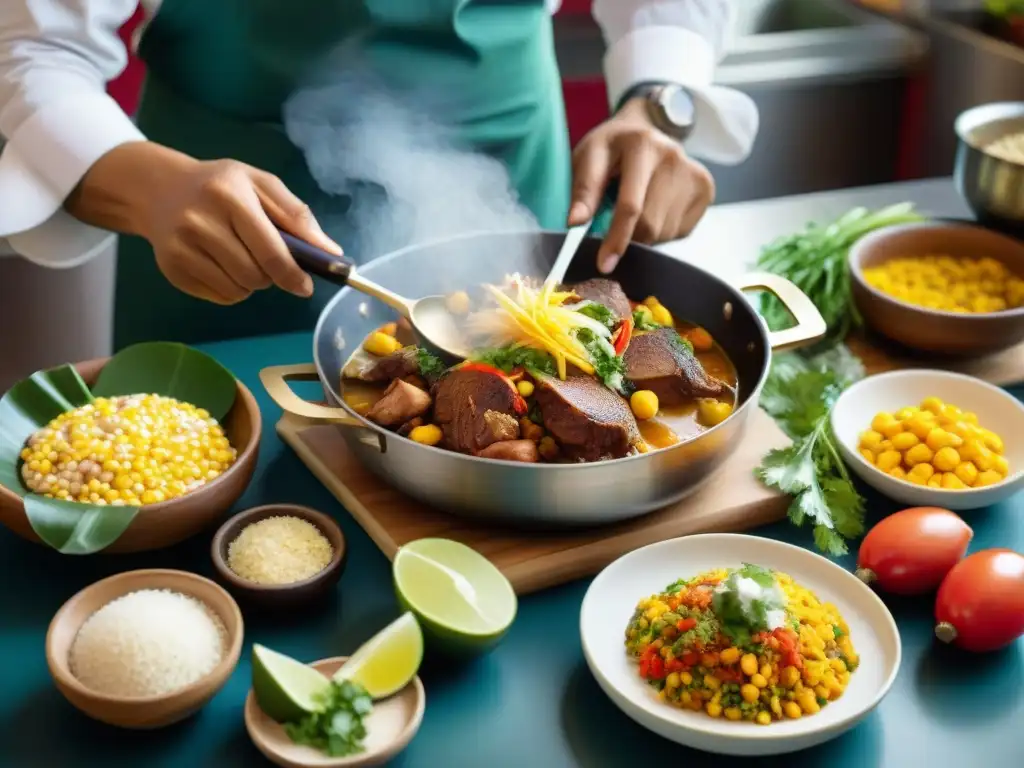 Un chef peruano preparando minuciosamente Sarza de Patitas en una cocina vibrante