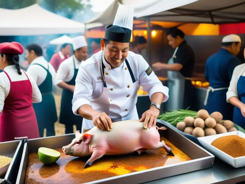 Un chef peruano tradicional sazona un lechón en La Caja China en un evento culinario vibrante