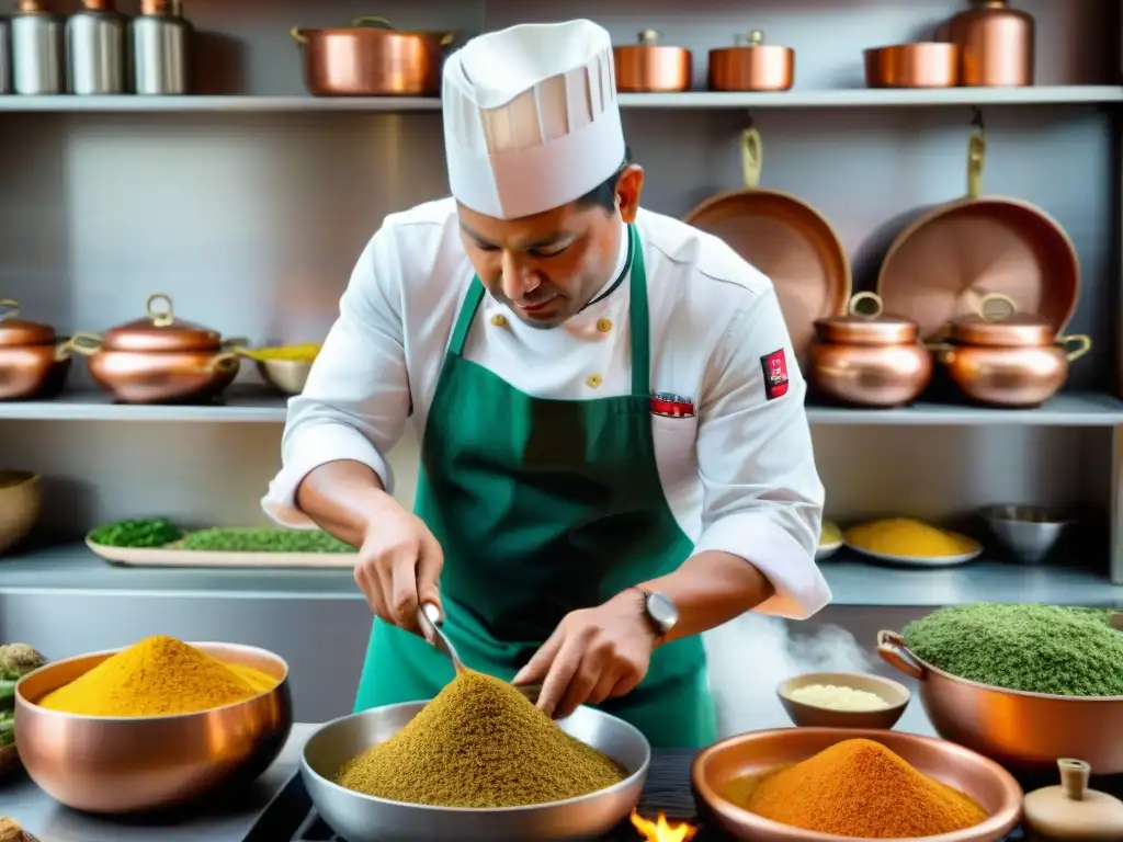 Un chef peruano preparando Seco de Cabrito en una cocina vibrante con ingredientes coloridos y utensilios de cobre