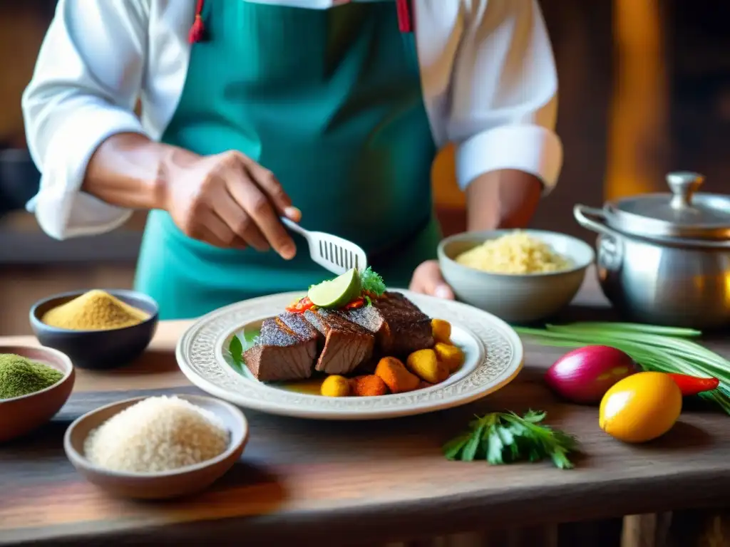 Un chef peruano preparando con maestría Seco de Cabrito en una cocina rústica