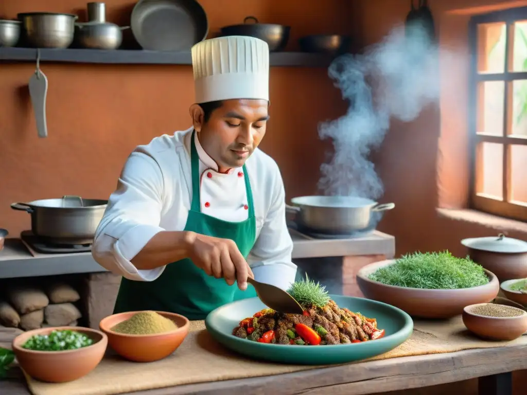 Un chef peruano preparando Seco de Cabrito con esmero en cocina rústica