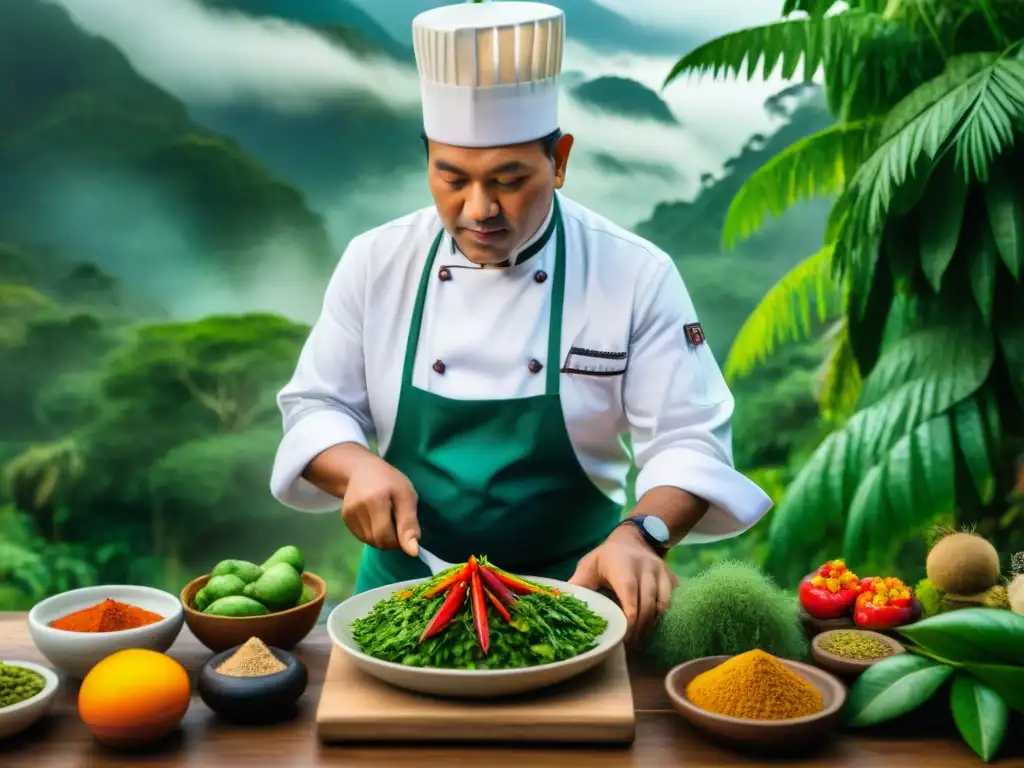 Un chef peruano en la selva amazónica con plantas medicinales, mezclando sabores en un plato colorido