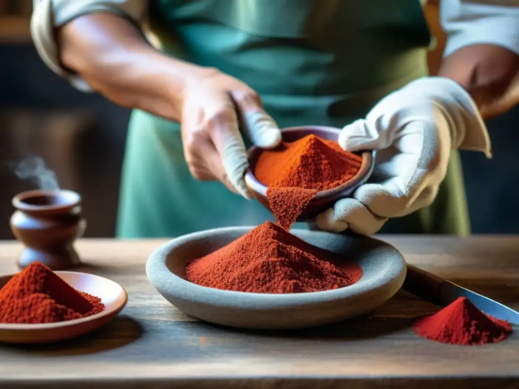 Chef peruano muele semillas de achiote en metate, resaltando los beneficios del achiote en la cocina peruana