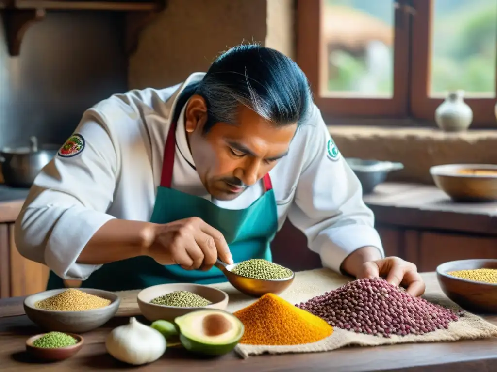 Un chef peruano selecciona semillas ancestrales en una cocina moderna, resaltando la riqueza de la gastronomía peruana