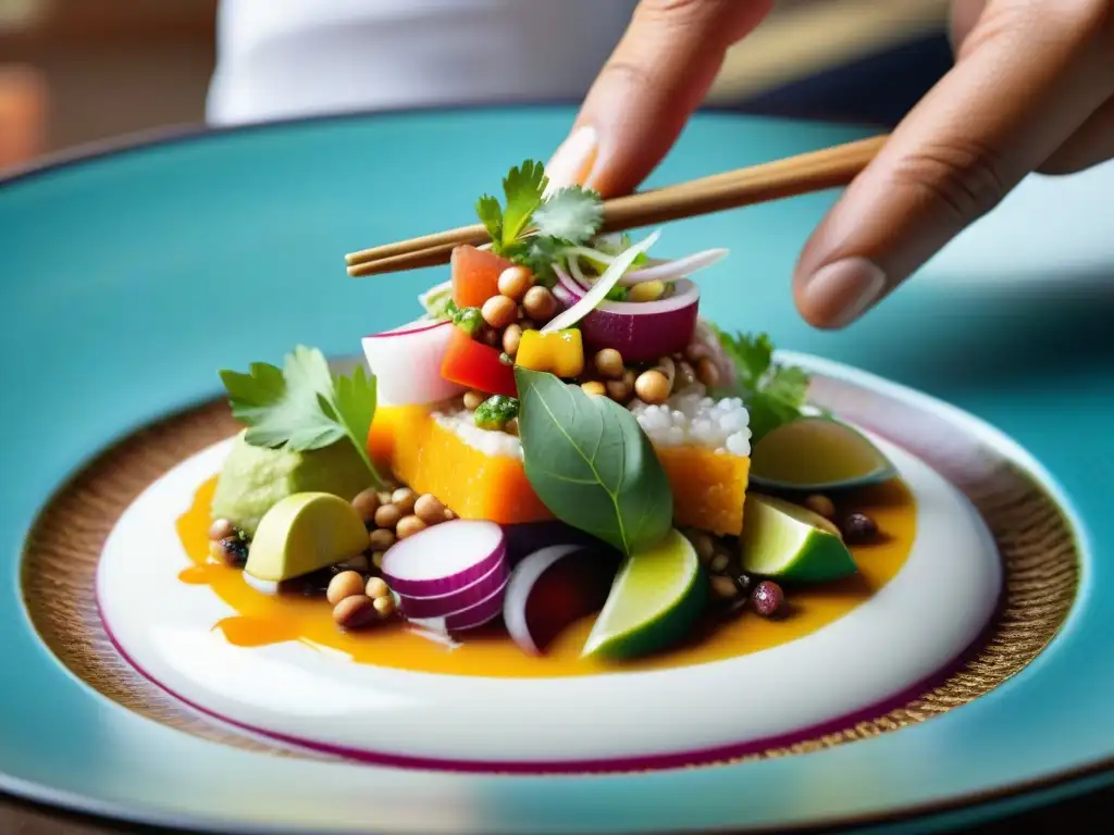 Un chef peruano incorpora semillas de Sacha Inchi en un ceviche colorido, fusionando la superfood en la cocina peruana