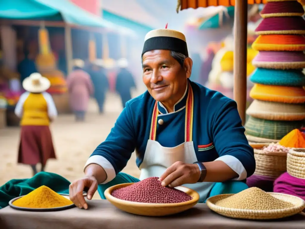 Un chef peruano selecciona semillas nativas en un mercado vibrante