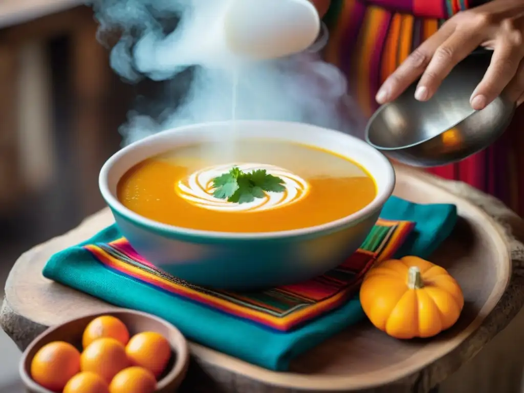 Un chef peruano vierte sopa de calabaza caliente en un tazón con un cucharón de calabaza, resaltando la cocina tradicional de Perú