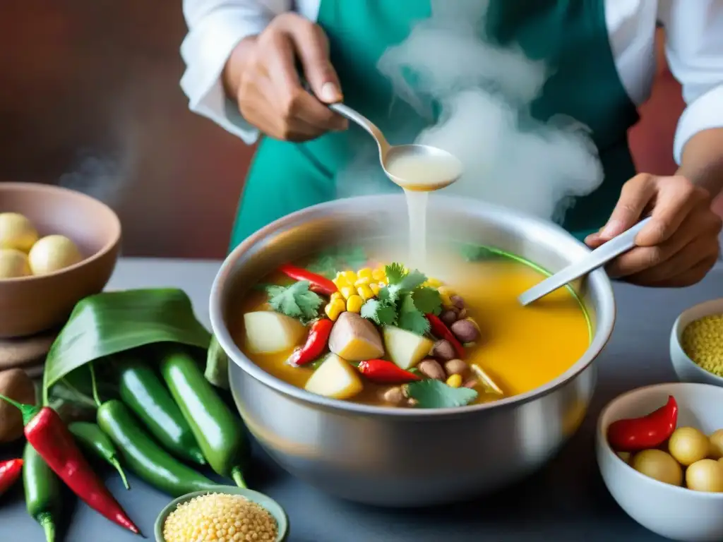 Un chef peruano preparando sopa peruana rodeado de ingredientes autóctonos