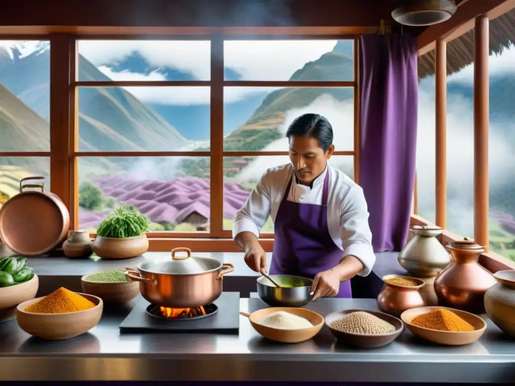 Chef peruano preparando sopa de quinua en cocina andina, influencia altitud sabor platos