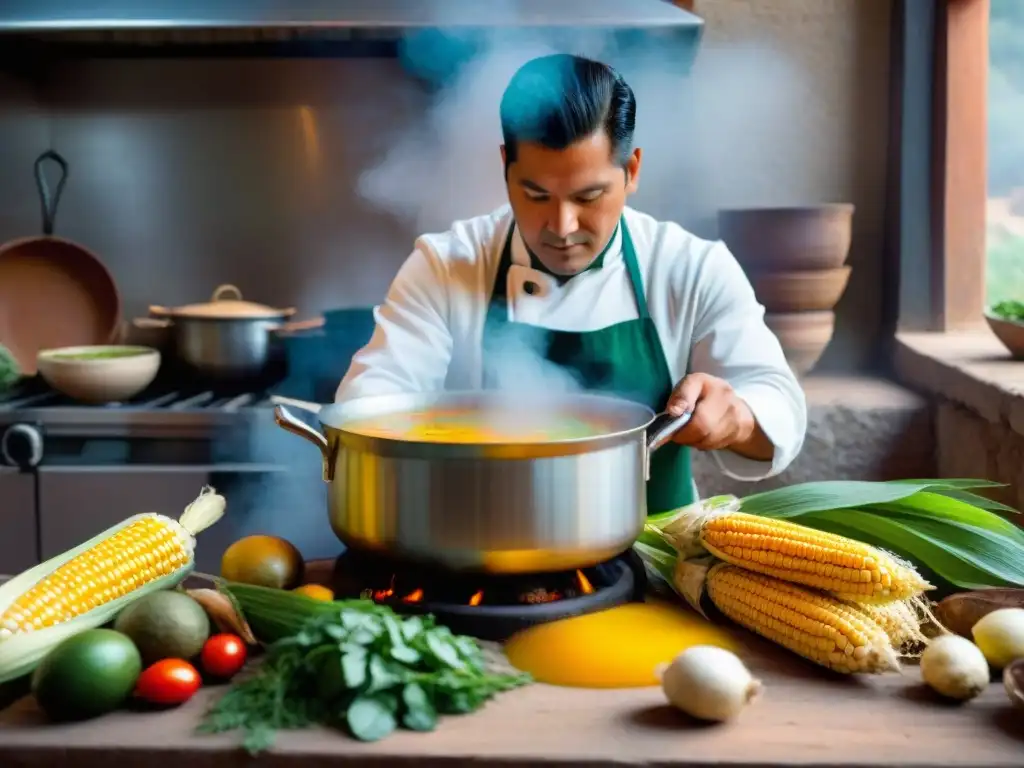 Chef peruano preparando sopas y caldos tradicionales en cocina rústica, rodeado de ingredientes coloridos