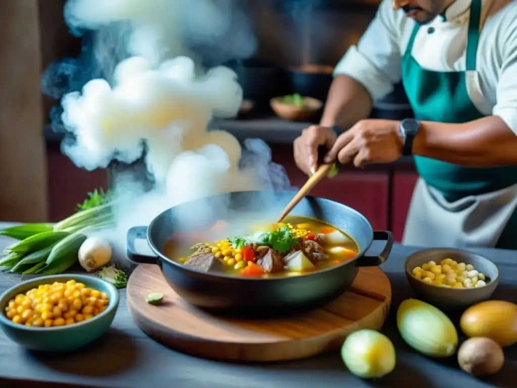 Un chef peruano preparando sopas y caldos peruanos tradicionales en una cocina rústica