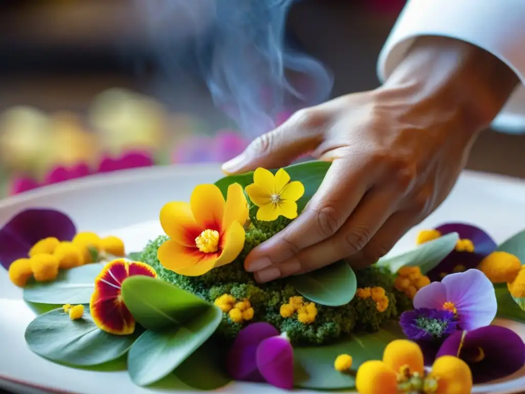 El chef peruano muestra sostenibilidad y vanguardia al decorar con flores comestibles en un plato colorido