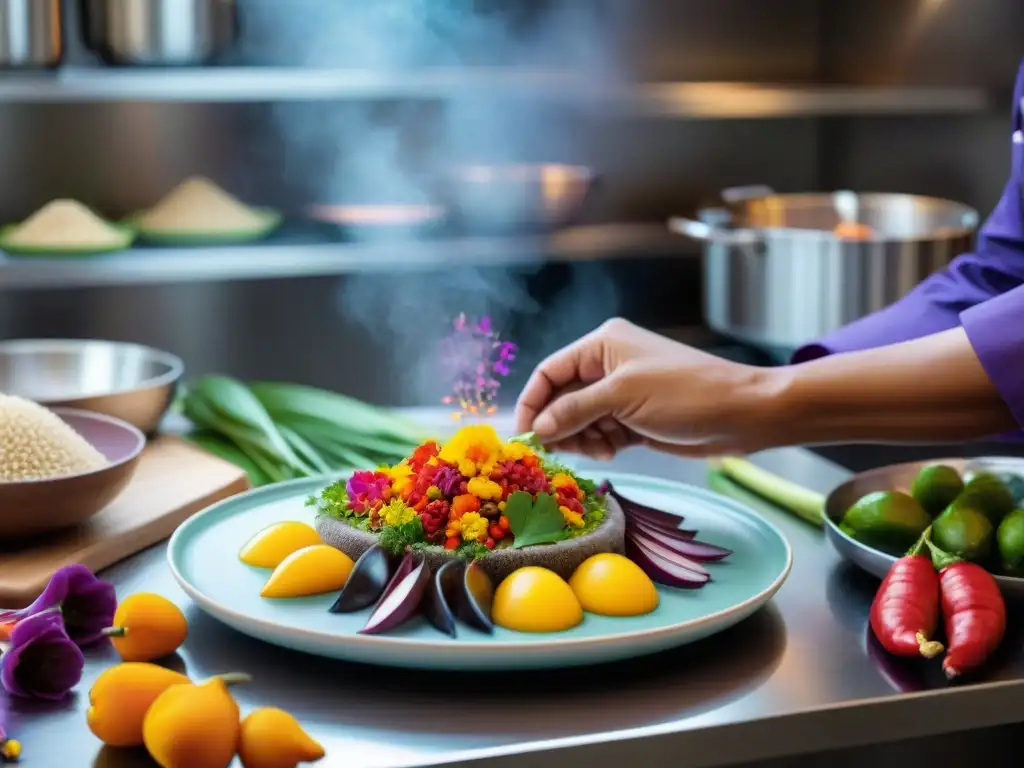 Un chef peruano fusiona sostenibilidad y vanguardia al armar un colorido plato, en una cocina moderna