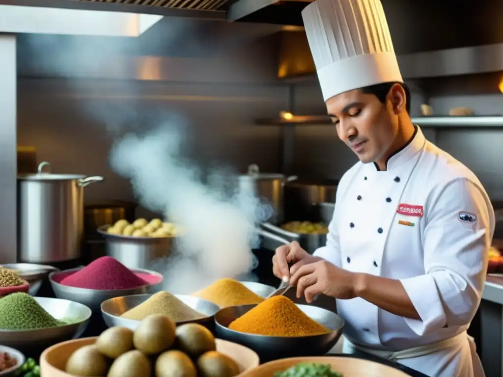 Un chef peruano sostenible preparando un plato tradicional en una cocina bulliciosa con ingredientes frescos