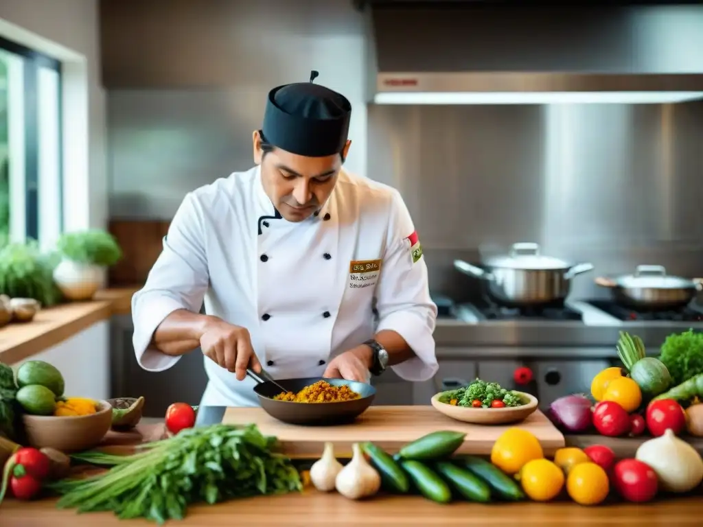 Un chef peruano sostenible elaborando un plato innovador en su cocina, rodeado de productos frescos y coloridos