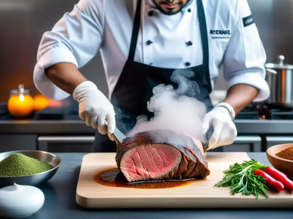 Chef peruano sazona carne de alpaca en sous vide