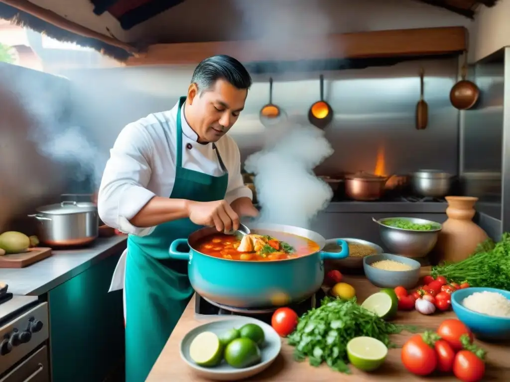 Chef peruano preparando Sudado de Pescado Un chef peruano preparando un Sudado de Pescado en una cocina tradicional, con ingredientes frescos y utensilios