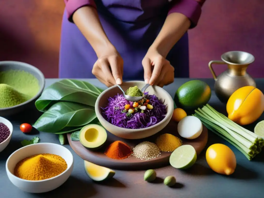 Un chef peruano preparando superalimentos andinos en una cocina rústica